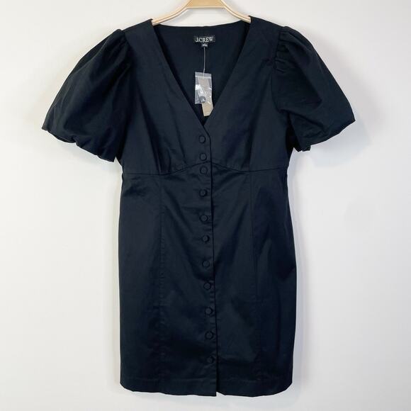 J. Crew Button Front Puff Sleeve Mini Dress Black Size 14 Capsule Minimalist - Picture 2 of 12